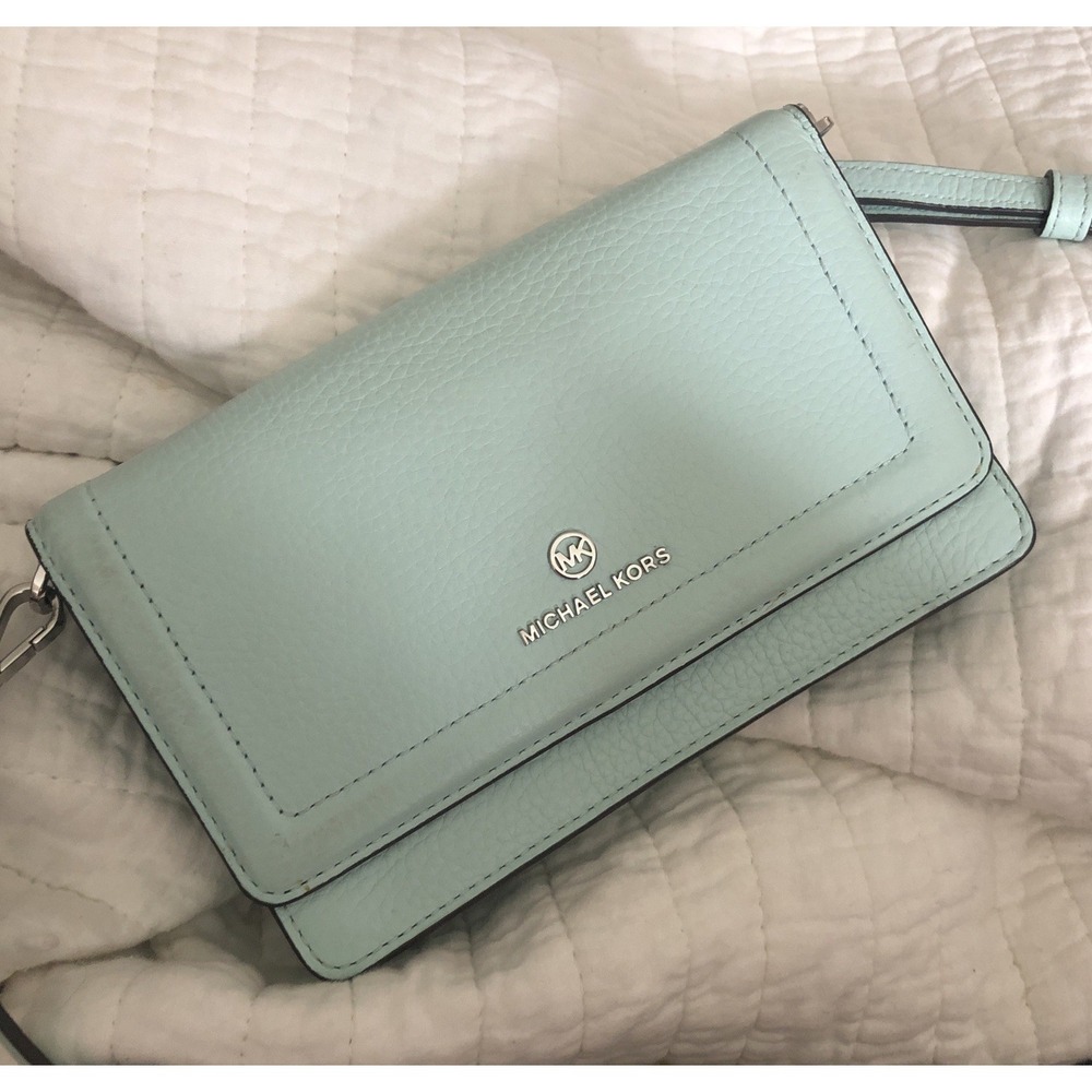 Michael Kors Pebbled Leather Phone Crossbody Wallet Seafoam Green